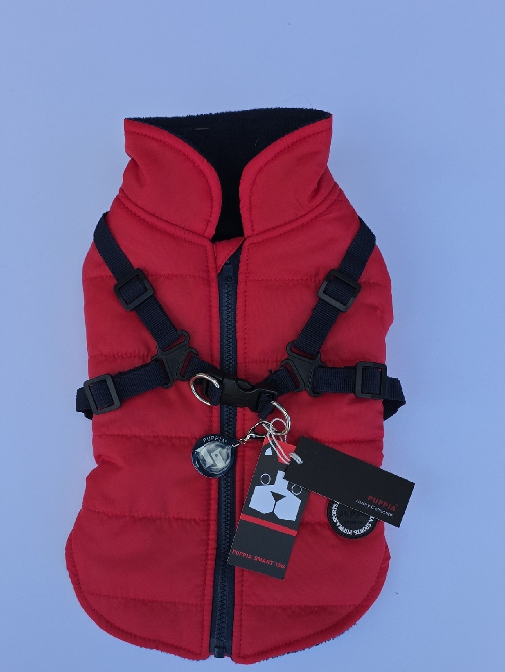 Puppia Red Quilted Puffer Dog Coat with Built-In Harness